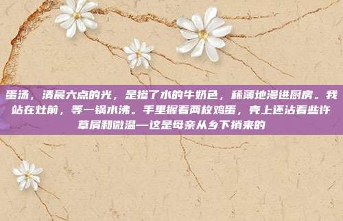 蛋汤,清晨六点的光,是掺了水的牛奶色,稀薄地漫进厨房。我站在灶前,等一锅水沸。手里握着两枚鸡蛋,壳上还沾着些许草屑和微温—这是母亲从乡下捎来的
